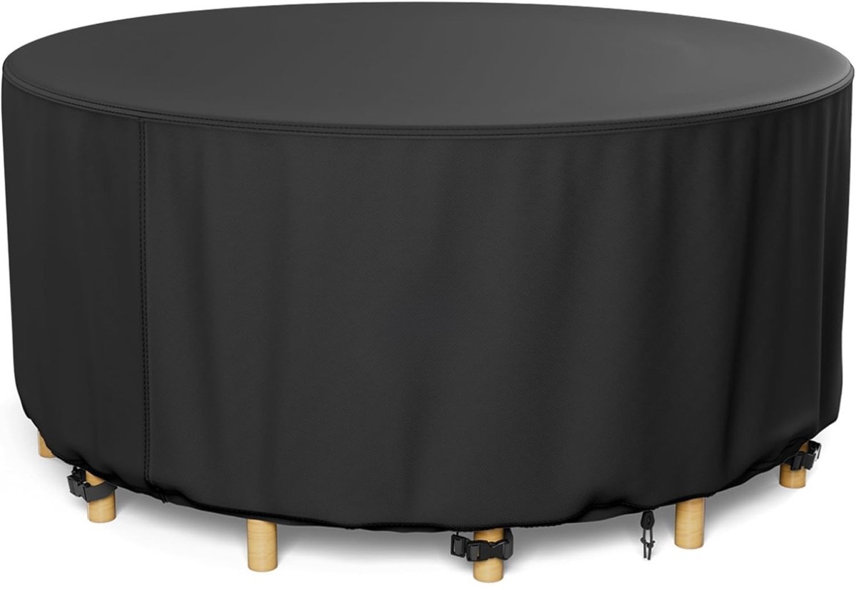 Famanu Rond Tuinmeubelhoezen Waterdichte - 420D Oxford stof Buiten Tuintafel Hoezen Ronde winddicht - Beschermhoes voor Tuinmeubelen - Ronde terras tafelhoes Anti-UV - Scheurvast - 153x71cm Zwart