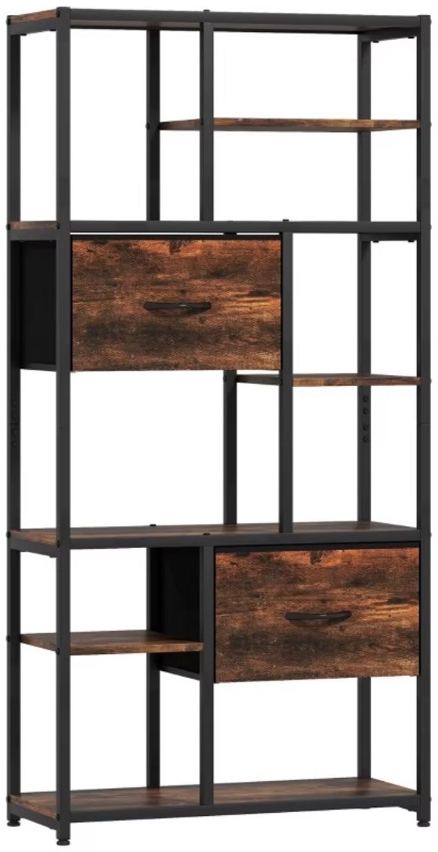 Naiz® - Boekenkast - Industriële - 9 vakken - 2 lades - Zwart/Bruin - 30 x 72,5 x 150 cm