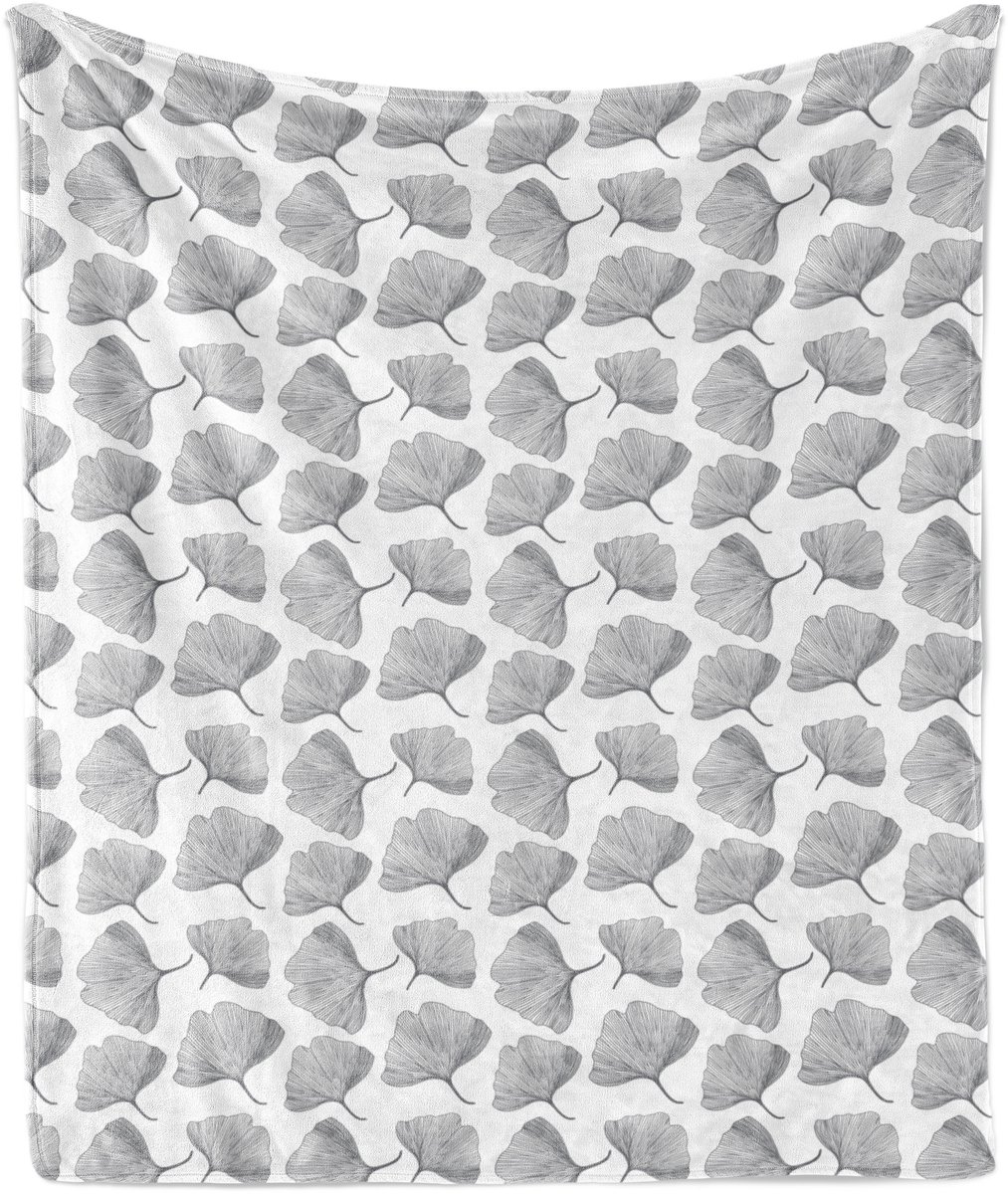 ABAKUHAUS Gingko Zachte Flanellen Fleece Deken, Minimalistisch Natuurlijk Bladmotief, Gezellige Pluche Plaid, 125 x 175 cm, Wit Zwart