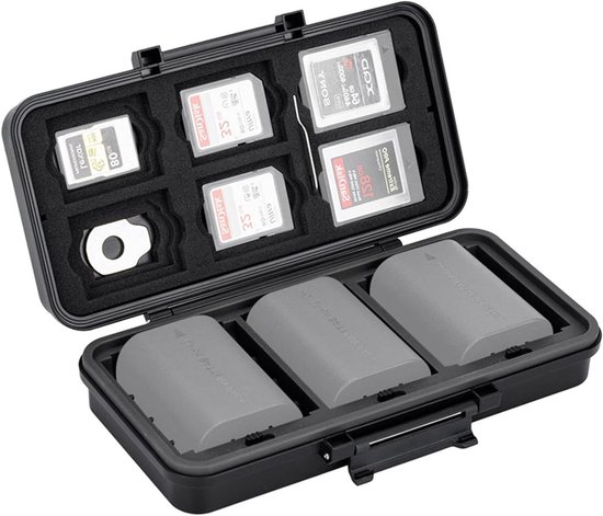LENSGO Camera Batterij & Geheugenkaart Case – Oranje, ABS+PC, Waterdicht & Schokbestendig, Voor 2 Accu’s, 4 SD, 2 CF/XQD, Incl. Karabijnhaak