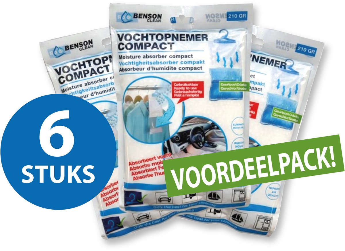 Bol.com Benson clean vochtopnemer compact - 210 gram - 6 stuks - met hanger - geurloos aanbieding