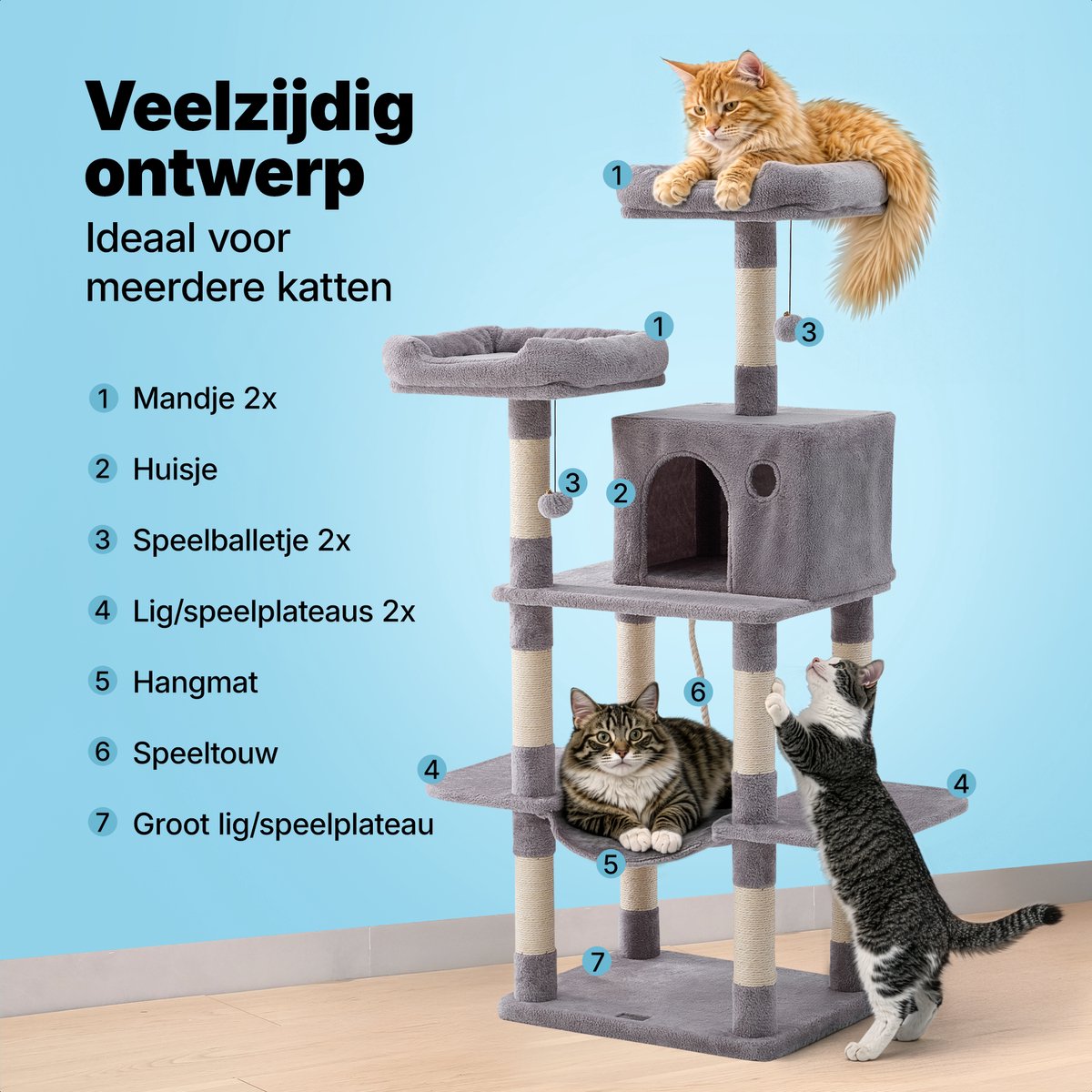 Jake and Jacky Krabpaal voor Katten - Kattenkrabpaal - Krabmeubel - Kattenboom - Krabpalen - Kattenhuis - Lichtgrijs - 147 cm Hoog – foto 7