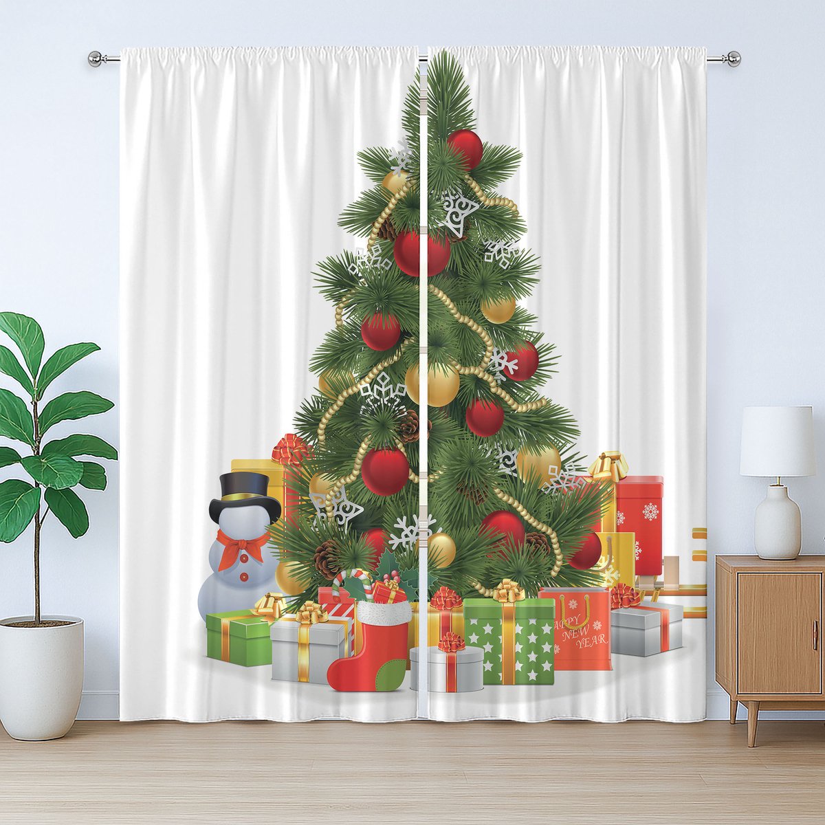 ABAKUHAUS Rustiek kerstgordijn, kerstboomstijl, slaapkamergordijn met plooien, lussen en haken, 280 x 175 cm, groen, geel, rood