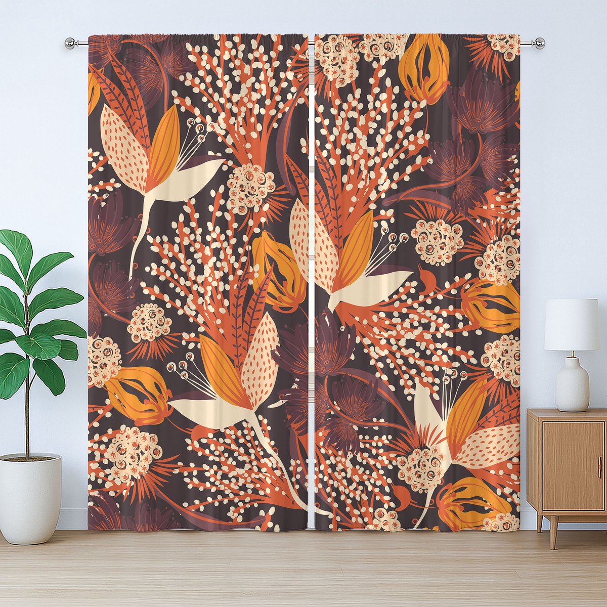 ABAKUHAUS Rustiek Herfstgordijn, Bloemenprint Herfst, met Bandjes en Haakjes voor de Woonkamer, 280 x 225 cm, Oranje Gedroogde Roos Beige