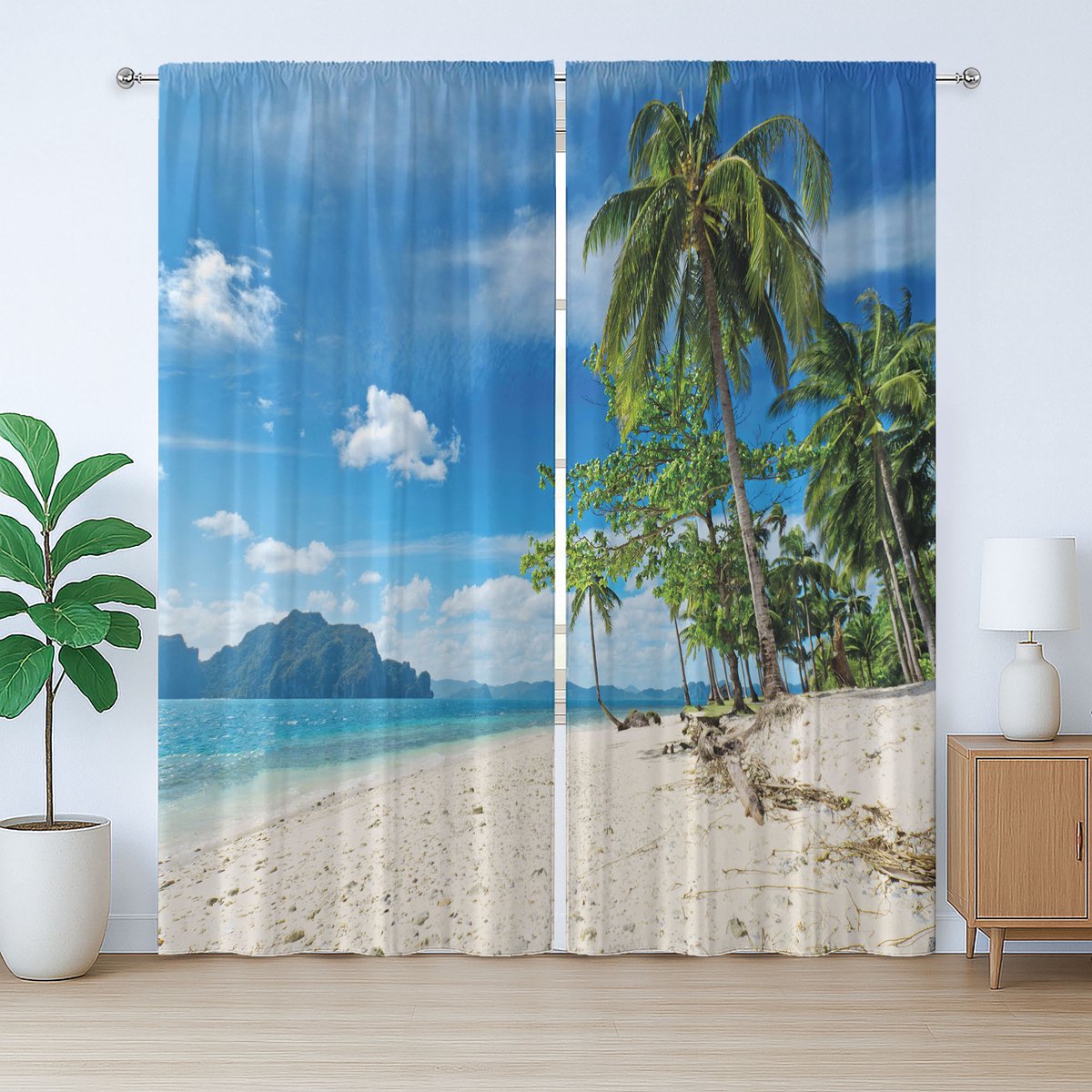 ABAKUHAUS Rustiek Landschap Gordijn, Zeepalmen Bergen, Slaapkamer Gordijn met Plooiing, Lussen en Haken, 280 x 245 cm, Blauw Crème Groen