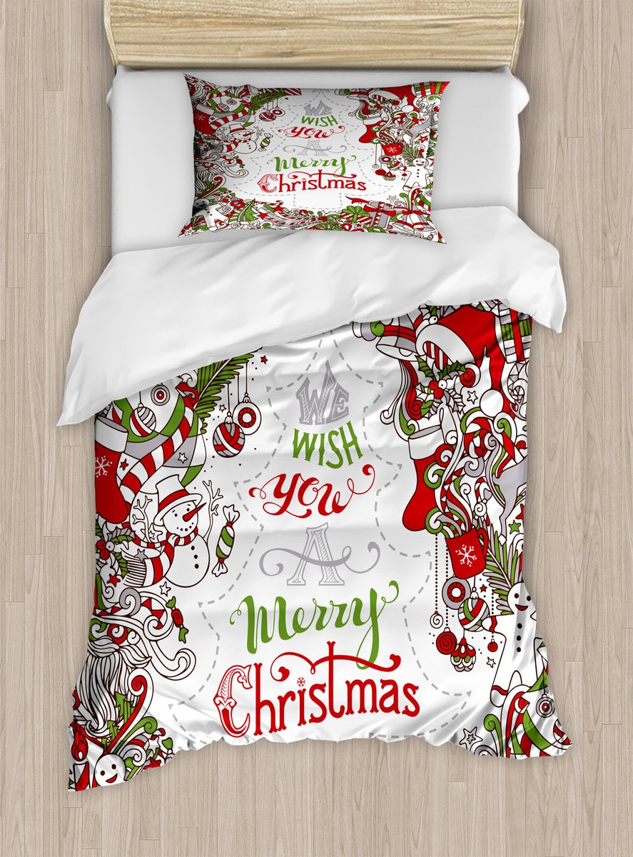 ABAKUHAUS Kerstdekbedovertrekset voor eenpersoonsbedden, Sint Sneeuwman Wensen, inclusief kussensloop, 130 x 200 cm
