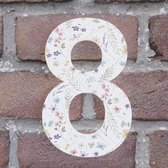 Huisnummer Arial 8 wit met bloemen - Maat: Middel (15 cm) - zelfklevend - Huisnummerbord -