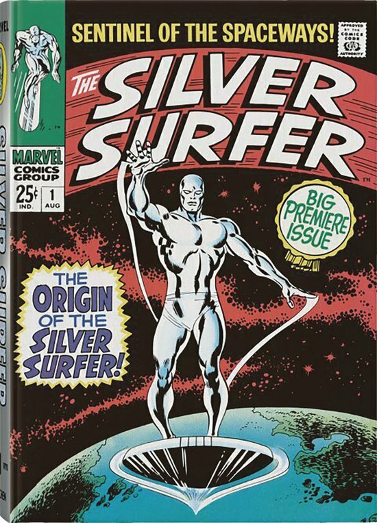De Silver Surfer staat met opgeheven hand op zijn surfboard boven de aarde. Titel: The Silver Surfer Big Premiere Issue The Origin of the Silver Surfer Sentinel of the Space ways!
