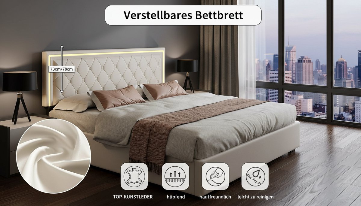 Bed 160x200 cm met Opberglades – Casa Velluto Milano Luxe Gestoffeerd Tweepersoonsbed – PU Leer – Lattenbodem – Gebroken Wit – Zonder Matras