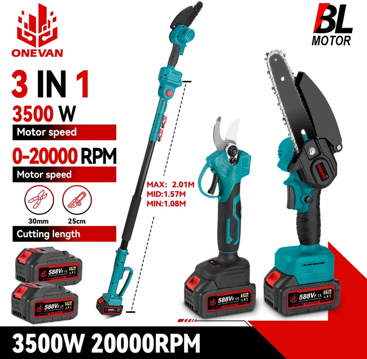 LeeuwenChoice® 3-In-1 Elektrische Snoeischaar - Kettingzaag Met Verlengstuk - Knipschaar - Hoge Takken Snoeien - Uitschuifbaar Tot 2 Meter - 3500W