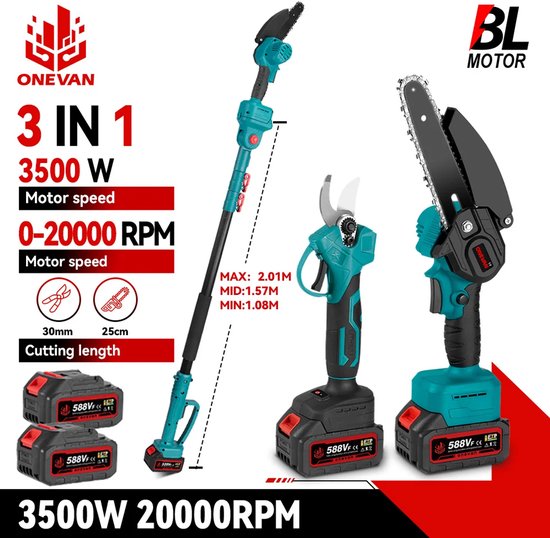 LeeuwenChoice® 3-In-1 Elektrische Snoeischaar - Kettingzaag Met Verlengstuk - Knipschaar - Hoge Takken Snoeien - Uitschuifbaar Tot 2 Meter - 3500W