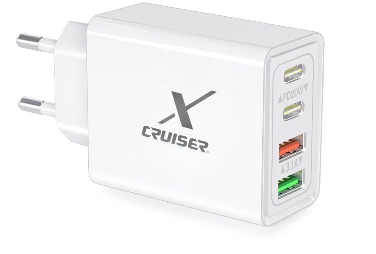 Xcruiser 40W Snellader USB-C – 4 Poorten Adapter – PD & QC 3.0 Fast Charger – Universele Oplader voor iPhone & Android – EU Stekker