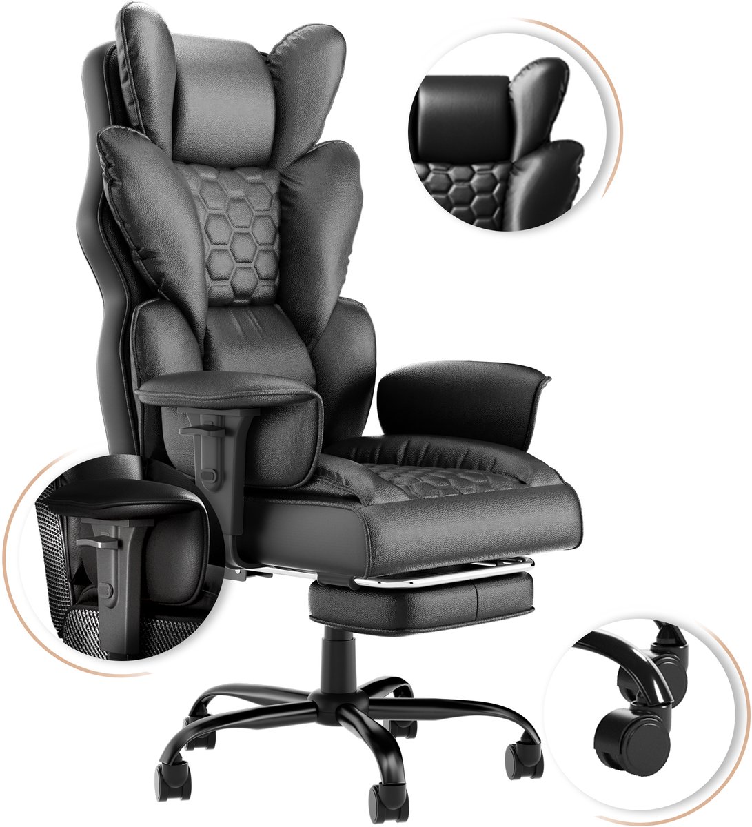 Aufun bureaustoel – ergonomisch – hoge rugleuning – PU leder – in hoogte verstelbaar – zwart