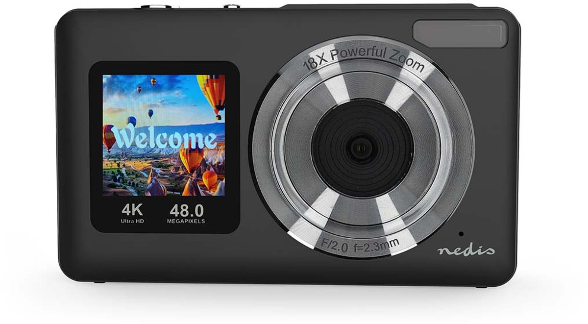 Nedis Digitale Fotocamera - Dubbel scherm - 48 MPixel - 4K@30fps - 5 MPixel CMOS - Zwart