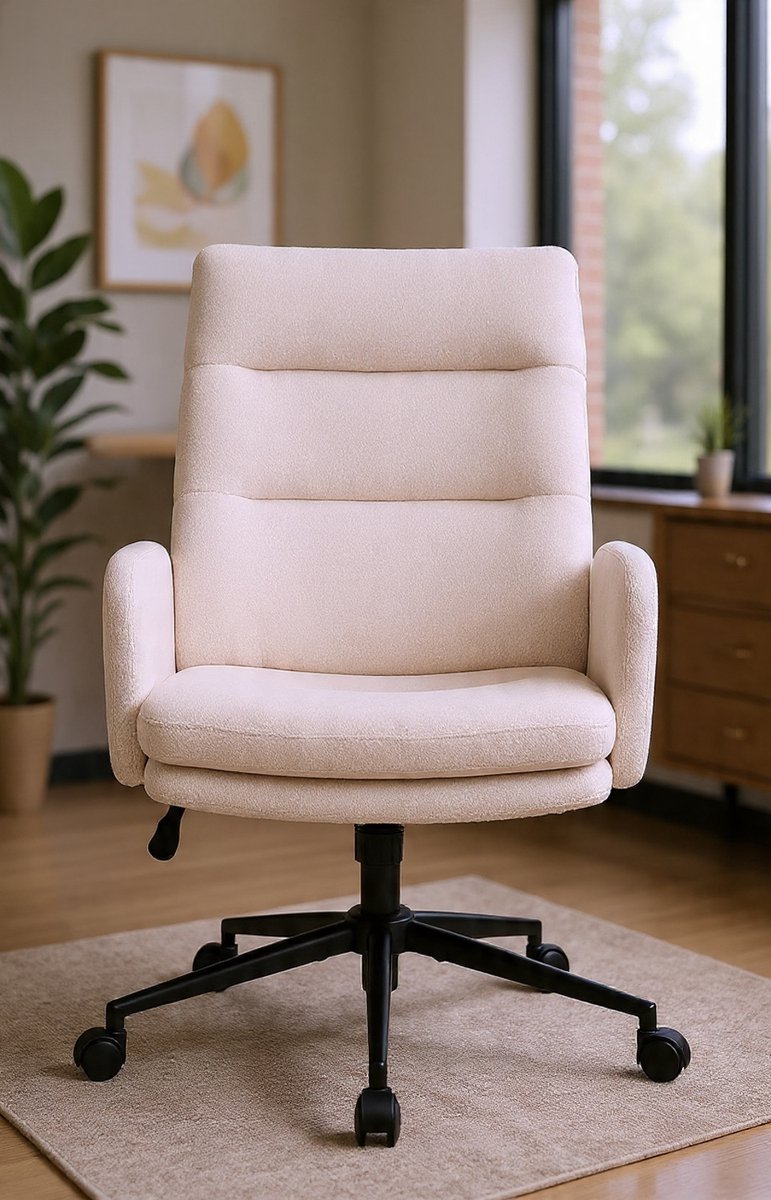 Bureaustoel, kantoorstoel van imitatiebont, kaptafelstoel, in hoogte verstelbare draaistoel, ergonomische computerstoel voor studeerkamer, slaapkamer, kantoor, thuiskantoor, beige - Casa Serena – A...