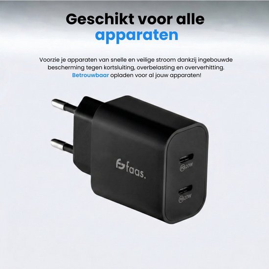 Zwarte 40W Faas oplader met dubbele 20W USB-C poorten.