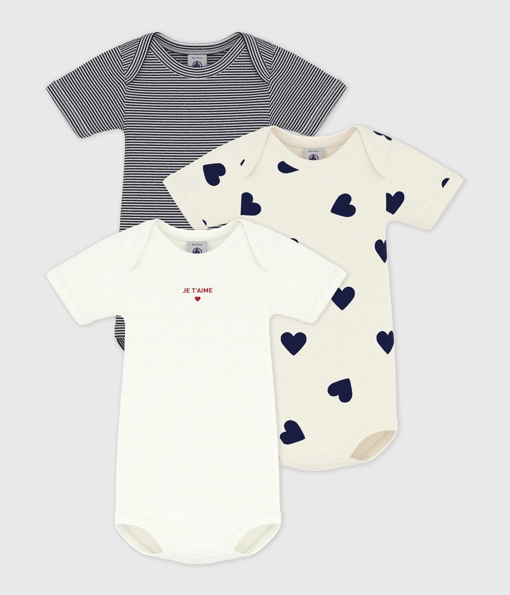 Petit Bateau Setje van katoenen babybody's met korte mouwen en hartjesprint Unisex Rompertje - Blauw/Wit + Blauw + Wit