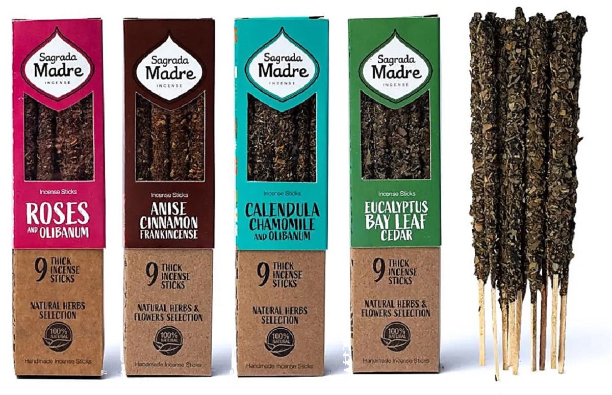 sagrada madre - wierook - kruidenwierook - anijs - kamille - roos - eucalyptus - 4 doosjes van 9 stokjes