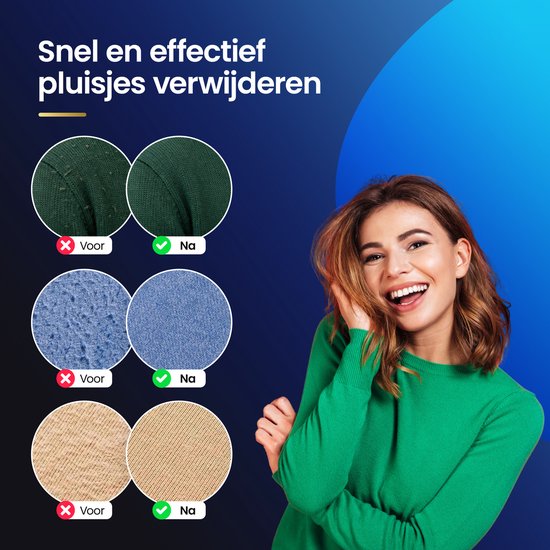 Een lachende vrouw in een groene trui. Naast haar cirkels met stoffen die de effectiviteit van het verwijderen van pluizen tonen: donkergroen, lichtblauw en beige, voor en na.