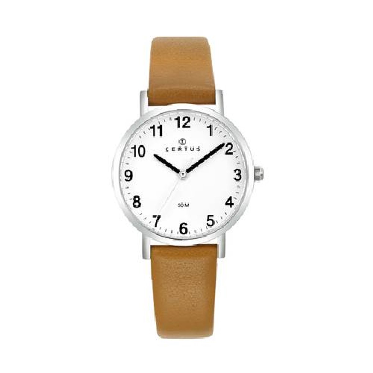 Certus-Dameshorloge-model 644444-zilverkleurig-duidelijke wijzerplaat-lichtbruin leder-5 atm waterdicht-diameter 30 mm-gemaakt in Frankrijk