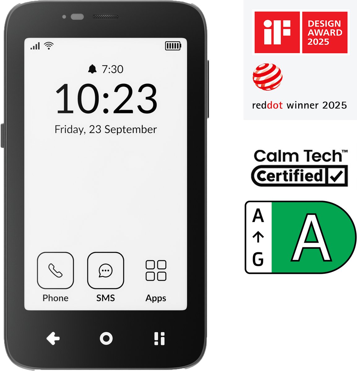 Mudita Kompakt zwart - minimalistische E Ink®-telefoon - navigatie offline - 8MP camera - veilige gegevensback-ups