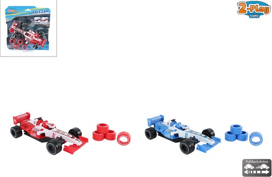 Rode en witte formule racewagen met extra rode banden, en een blauwe en witte formule racewagen met extra blauwe banden.