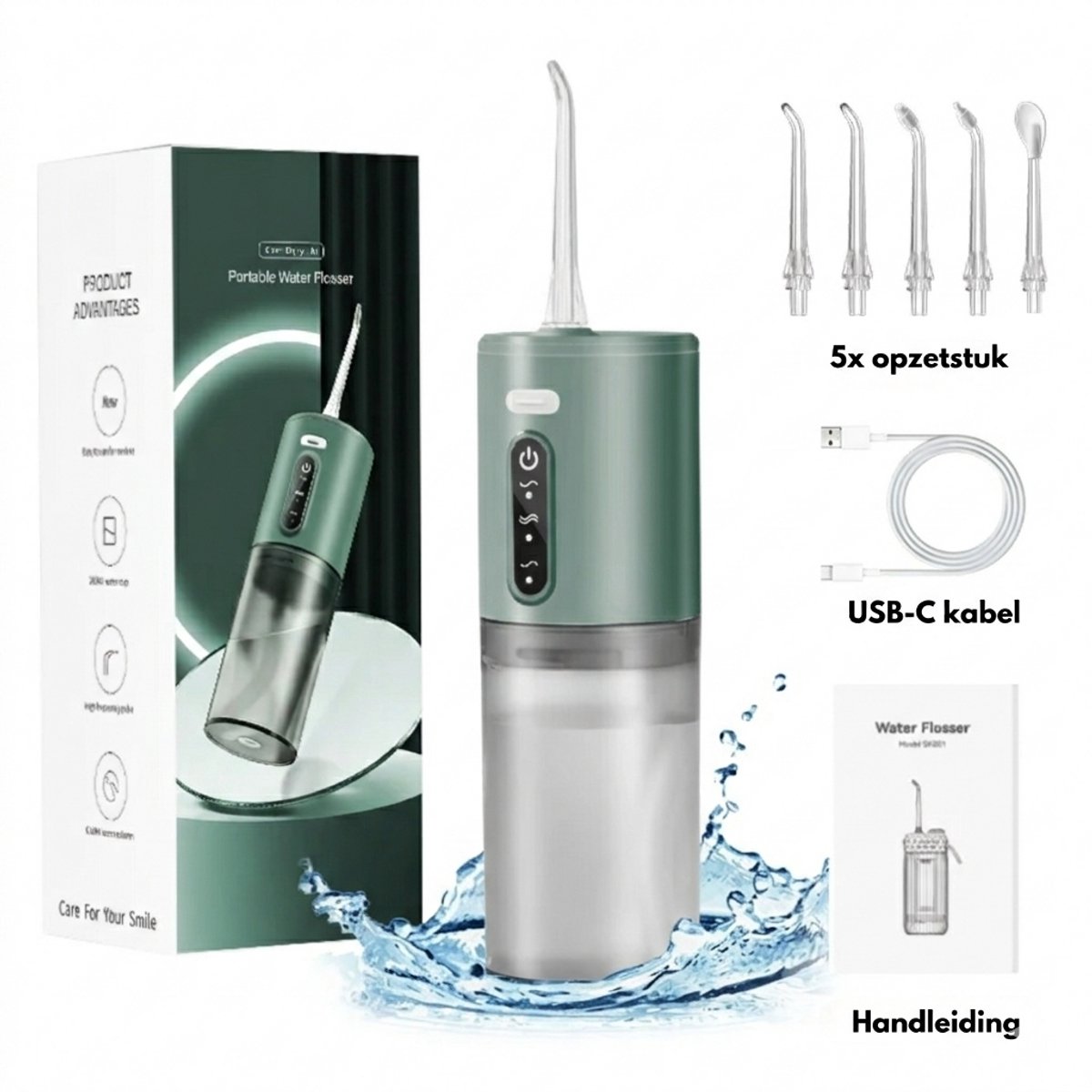 Waterflosser - Neusdouche - Monddouche - Tongschraper - Tongreiniger - Flosapparaat - 5 opzetstukken - 3 standen - Tandplak verwijderaar - Tongreiniger - Beugel schoonmaken - Tandplak verwijderen - Tandsteenverwijderaar (GROEN)