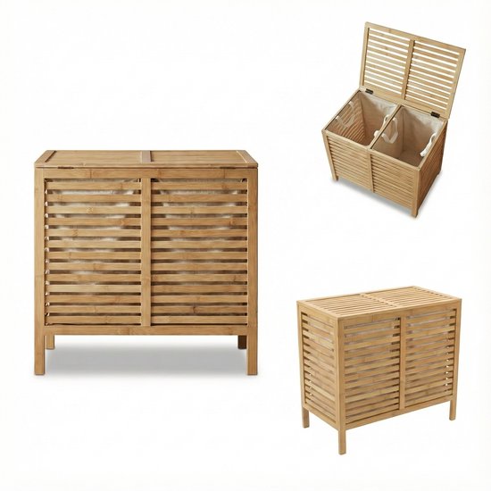Landelijke bamboe wasmand met lamellendesign, twee compartimenten met uitneembare stoffen zakken.