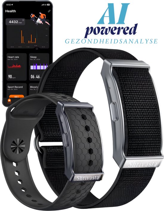 Shrivasta Activity Tracker Plus | armband met AI-Gezondheidsanalyse & Lichaamstemperatuur meting | Dames & Heren | Zwart | Hartslag | SpO₂ | Slaapmonitor | Stress | Menstruatiecyclus | Inclusief 2 Armbanden (siliconen & Nylon) – Waterdicht