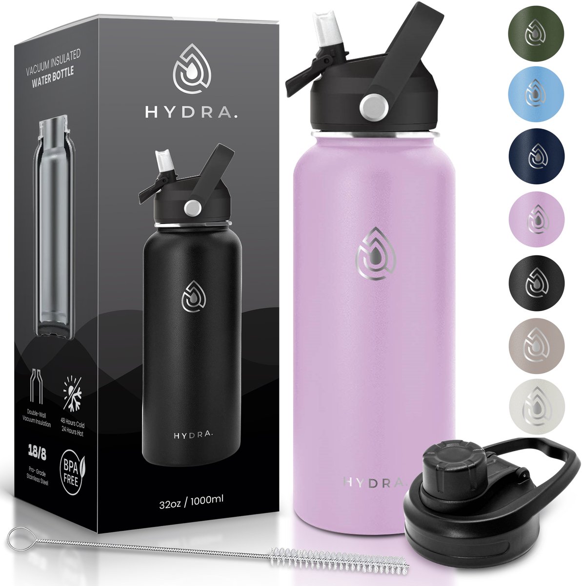 Drinkfles Roestvrij Staal 1000ml - Pink Lady - 1L RVS Waterfles Roze - Outdoor - Verpakking inclusief dop met rietje draaidop schoonmaakborstel - min. 24u warm - 24u koud - Hydra.