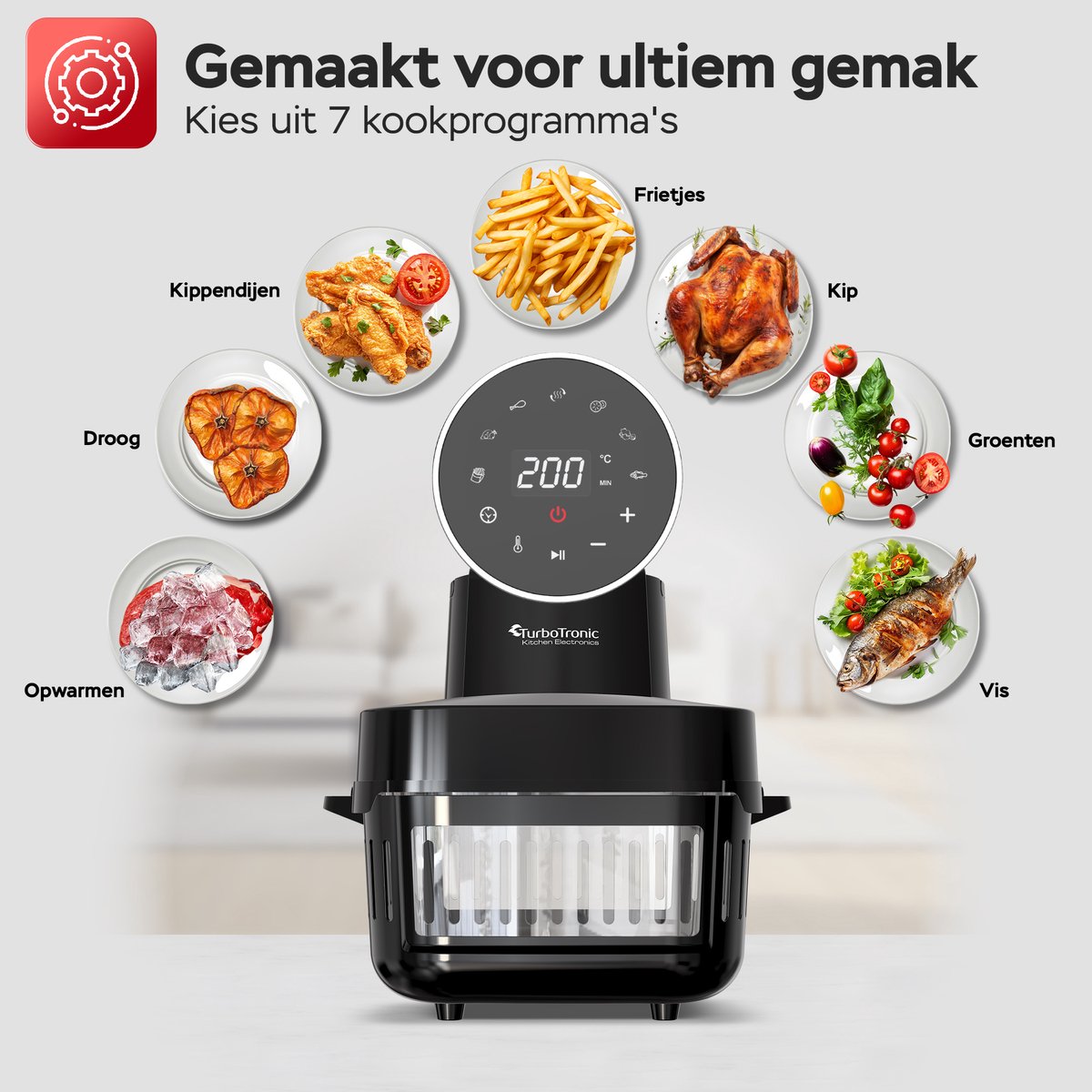 Turbotronic AFG6 Airfryer XXL met glazen bak- BPA & PFAS Vrij - 6L - Heteluchtfriteuse - Dual Heating - 50ºC tot 180ºC - 8 Kookprogramma's - Zwart — afbeelding 6