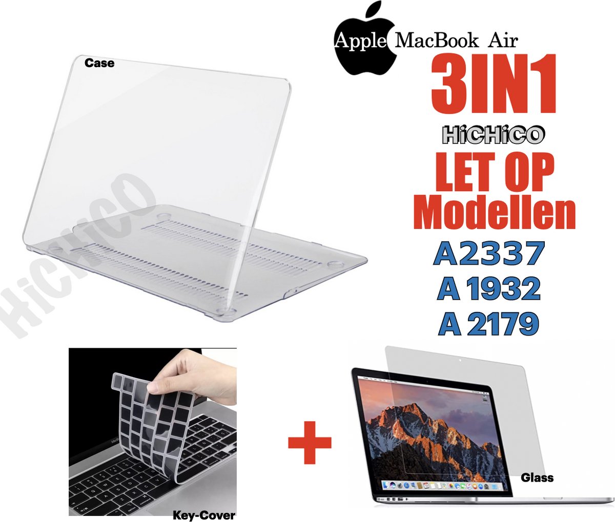 Hoes Geschikt voor MacBook Air 13 2020 - MacBook Air Hard case - MacBook Case - MacBook Air Case - MacBook Air Beschermglas (Cover Case, Screen Protector, Keyboard Cover) 3IN1. Let Op! Modellen A2337en A2179 (2020) A1932 (2018,2019) - HiCHiCO
