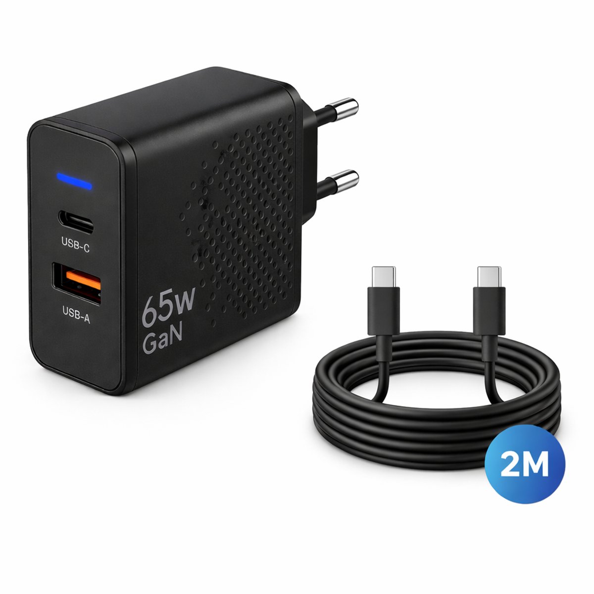Gmedia USB-C Oplader 65W - inclusief 2 meter USB-C naar USB-C – 2-Poorts Snellader met USB-C PD & USB-A QC 3.0 – Krachtige Universele Adapter voor Telefoon, Tablet & Laptop - Zwart