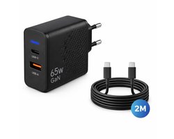 Gmedia USB-C Oplader 65W - inclusief 2 meter USB-C naar USB-C – 2-Poorts Snellader met USB-C PD & USB-A QC 3.0 – Krachtige Universele Adapter voor Telefoon, Tablet & Laptop - Zwart