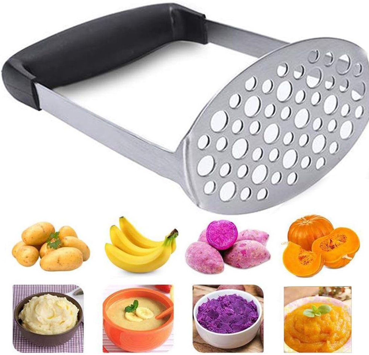 Aardappelstamper van roestvrij staal, aardappelstamper, groentestamper, aardappelpuree, aardappelpers, vaatwasmachinebestendig, voor aardappelpuree, romige aardappelpuree (zwart)