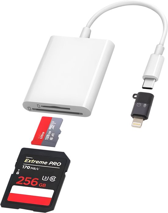Nuvance SD Kaart Lezer - SD Kaartlezer USB C - Card Reader - Incl. 8-Pin Converter - Geheugenkaartlezer Micro SD