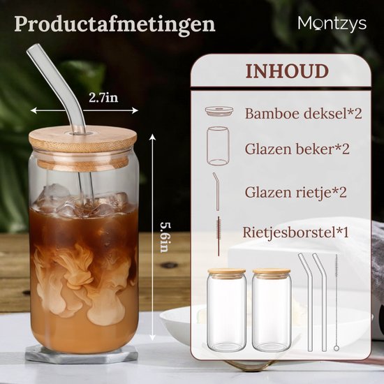 Montzys® Tasse à Café en Verres - 2 pièces - Tasse à boire 500 ml - Tasse à café - Glas à cocktail et à café glacé - Tasse à thé - Avec Pailles et Batteurs en Verres