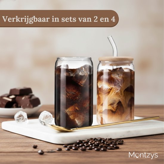 Montzys® Tasse à Café en Verres - 2 pièces - Tasse à boire 500 ml - Tasse à café - Glas à cocktail et à café glacé - Tasse à thé - Avec Pailles et Batteurs en Verres