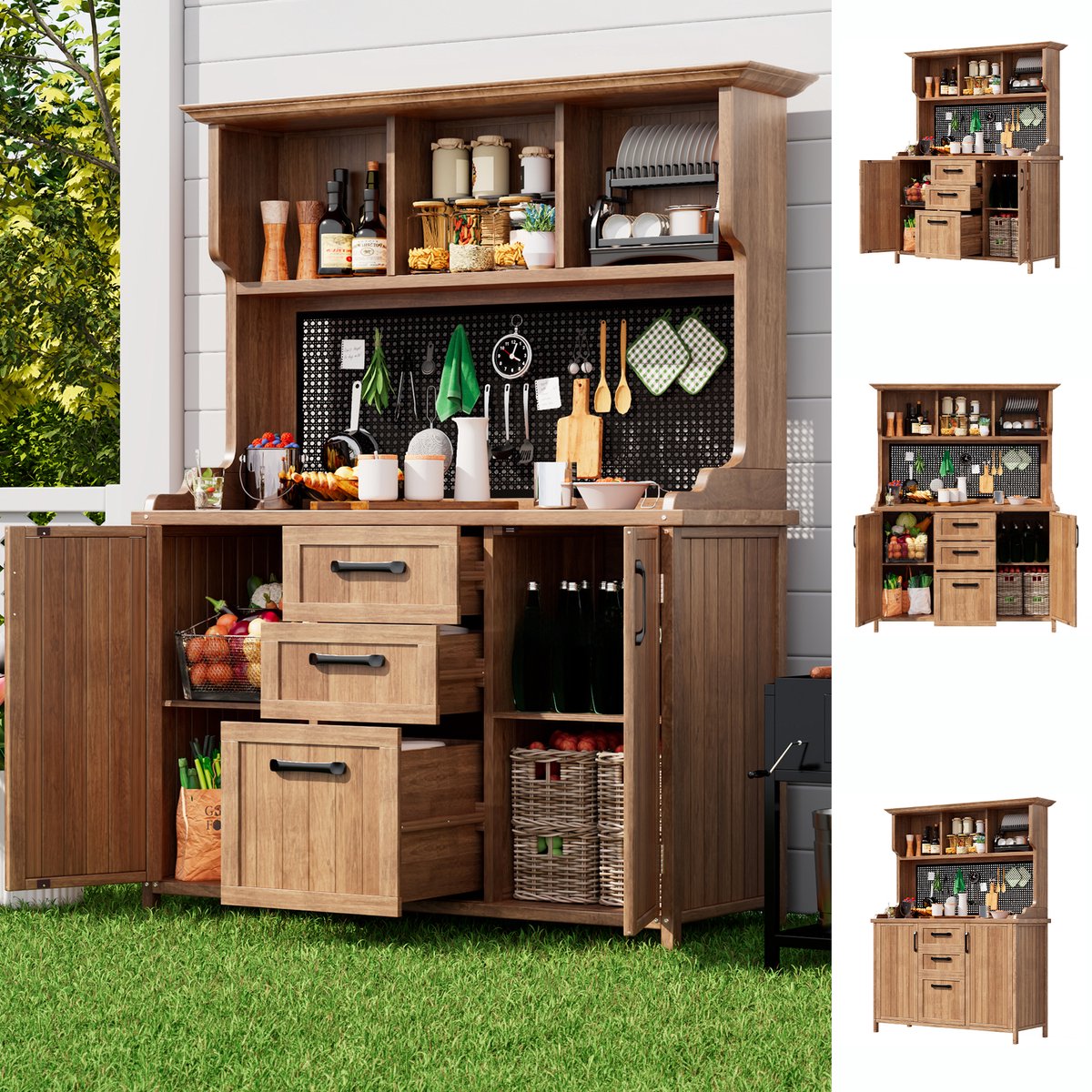Zubaliya 1 Stuks Houten Gereedschapskast - Tuinkast Massief Hout met 3 Laden en 3 Vakken - Buitenkast met Metalen Gereedschapshouder en Verstelbare Plank - Vintage Bruin - 125x50x185 cm