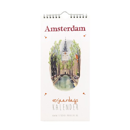 Verjaardagskalender met illustratie van grachtenpand en boom aan een gracht in Amsterdam.