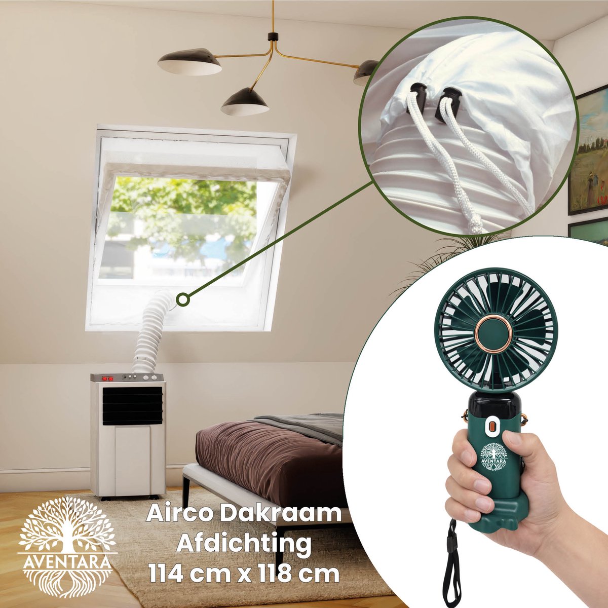 Airco Dakraam Afdichting 114 x 118 cm + Handventilator – Mobiele Airco Raamafdichting Dakraam – Geschikt voor Velux SK06 (GGL 4, 606, S06) – Fakro Optilight 10 – Luxtra SK6A – Roto 11/11