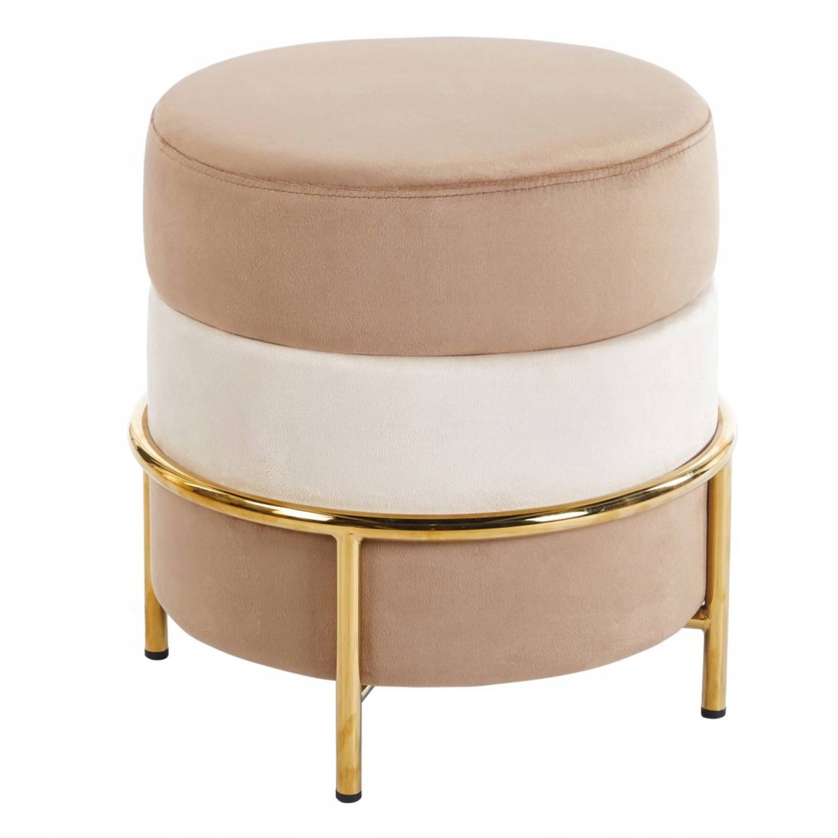 Furnitex P8-FX (G) - Poef - Rond - Beige en cappuccinokleurig fluweel - Goudkleurig metalen frame
