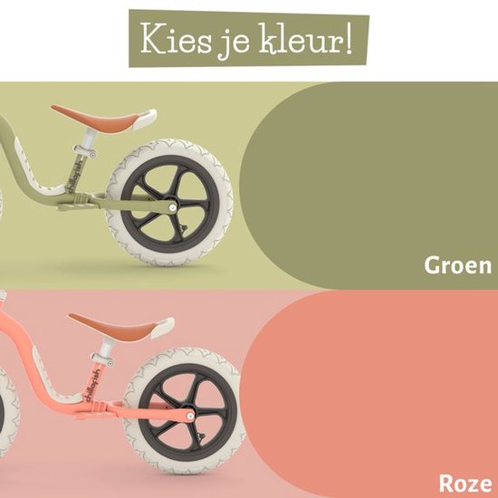 Lichtgroene en zalmroze loopfiets met bruin zadel en witte banden.