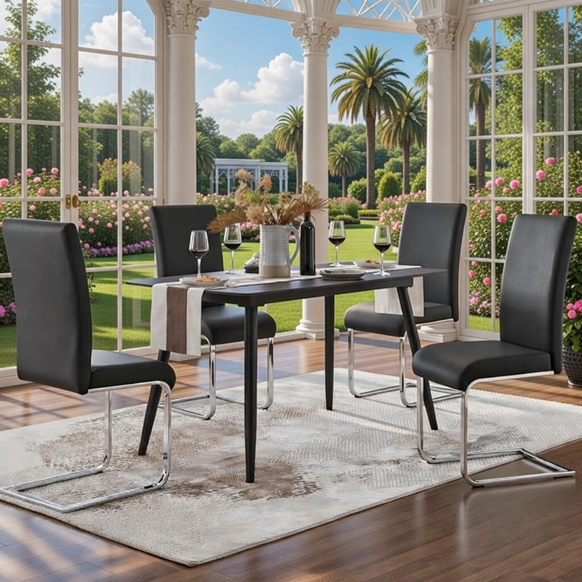 LumiComfort Luxe Schommel Eetkamerstoelen Set van 2 – Zwart Kunstleer – Comfortabele Draaistoelen met U-vormige Metalen Poten – Moderne Design Keukenstoelen – Ergonomische Rugleuning – Belastbaar tot 135 kg – Novihome