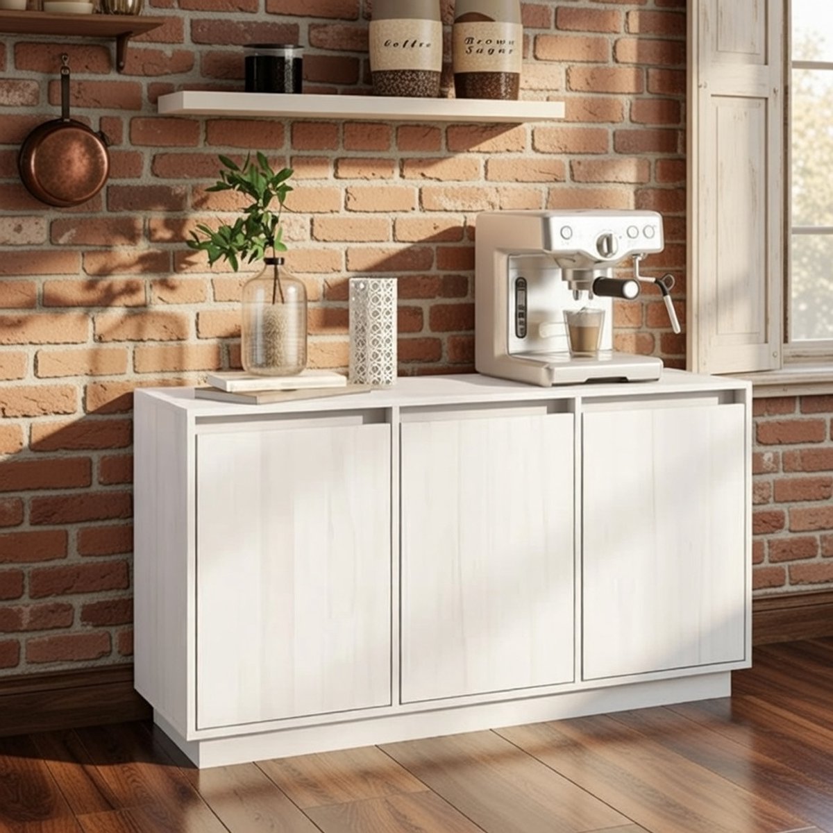 Modern Dressoir en Opbergkast – Multifunctionele Houten Kast voor Woonkamer, Slaapkamer of Hal – Massief Grenen, Wit, 111 x 34 x 60 cm Novihome