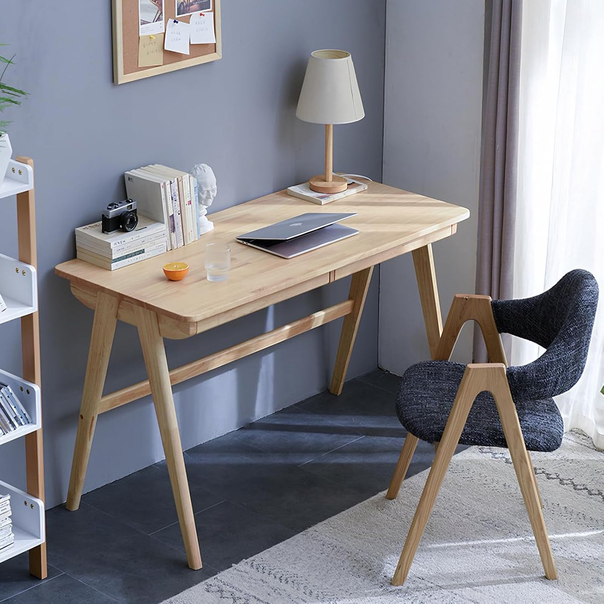 Computerbureau met Schubladen – Massief Eikenhouten Bureau – Mid-Century Modern Bureau voor Thuiswerkplek – Compact Bureau voor Slaapkamer of Kantoor – 100 x 55 x 74 cm – Natuurlijk Hout – Abkantoor