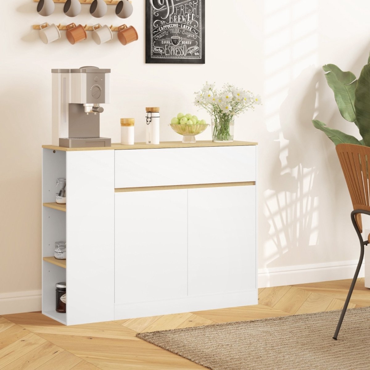 Wishdor Dressoir - Met Lade - Verstelbare Planken - Met Kantelbeveiliging - Hout - Wit - 105 X 30 X 81,5 Cm