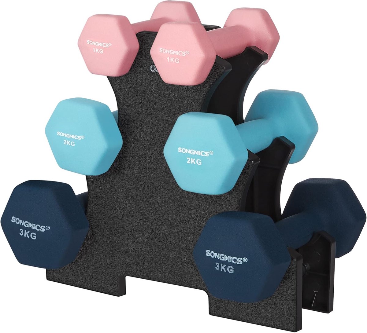 SONGMICS Halterset, 3 paar, 2 x 1 kg, 2 x 2 kg, 2 x 3 kg, opbergstandaard, sportkamer, krachttraining, antislip neopreen coating