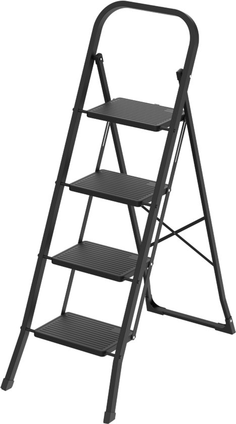 BRASQ Huishoudtrap 4-treden Zwart - keukentrap inklapbaar metaal voor Particulier en professioneel gebruik - Trap Ladder - Anti slip