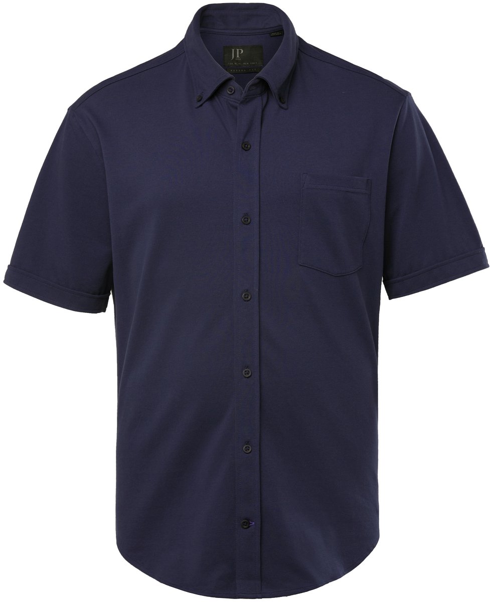JP 1880 - Heren - Piqué overhemd FLEXNAMIC® korte mouw buttondown-kraag - Nachtblauw - Maat L